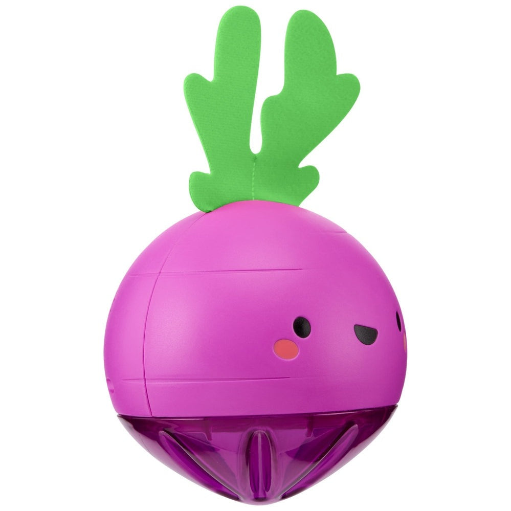 Skip Hop Farmstand Beetbox Crawl Ball; purple body with bright green leafy top, baby crawl toy