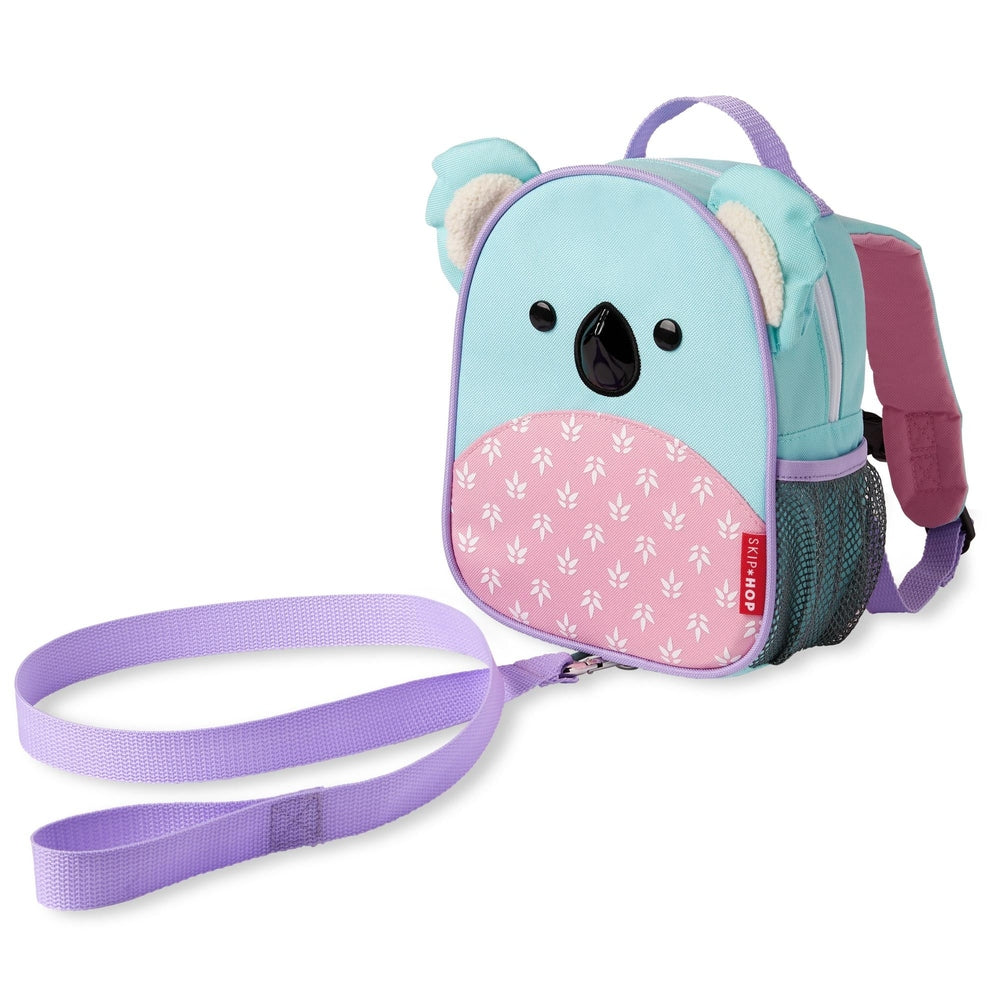 Skip Hop Koala mini backpack with safety harness, pastel teal body with pink front panel and purple accents