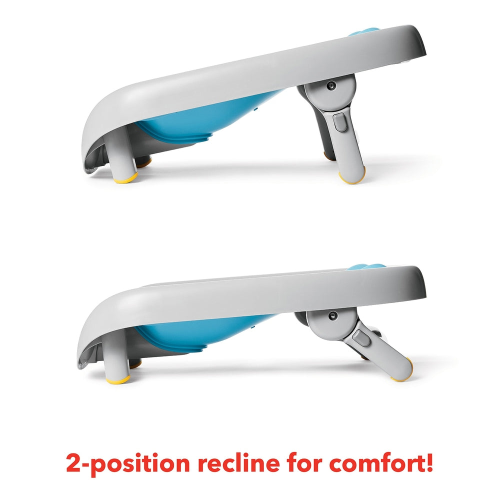 Skip Hop Moby Recline and Rinse Bather, gray frame with blue tub, two-position recline.