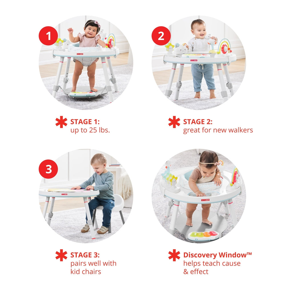 Skip Hop Silver Lining Cloud Baby's View Activity Center; white frame with colorful toys, 4-stage activity center for babies
