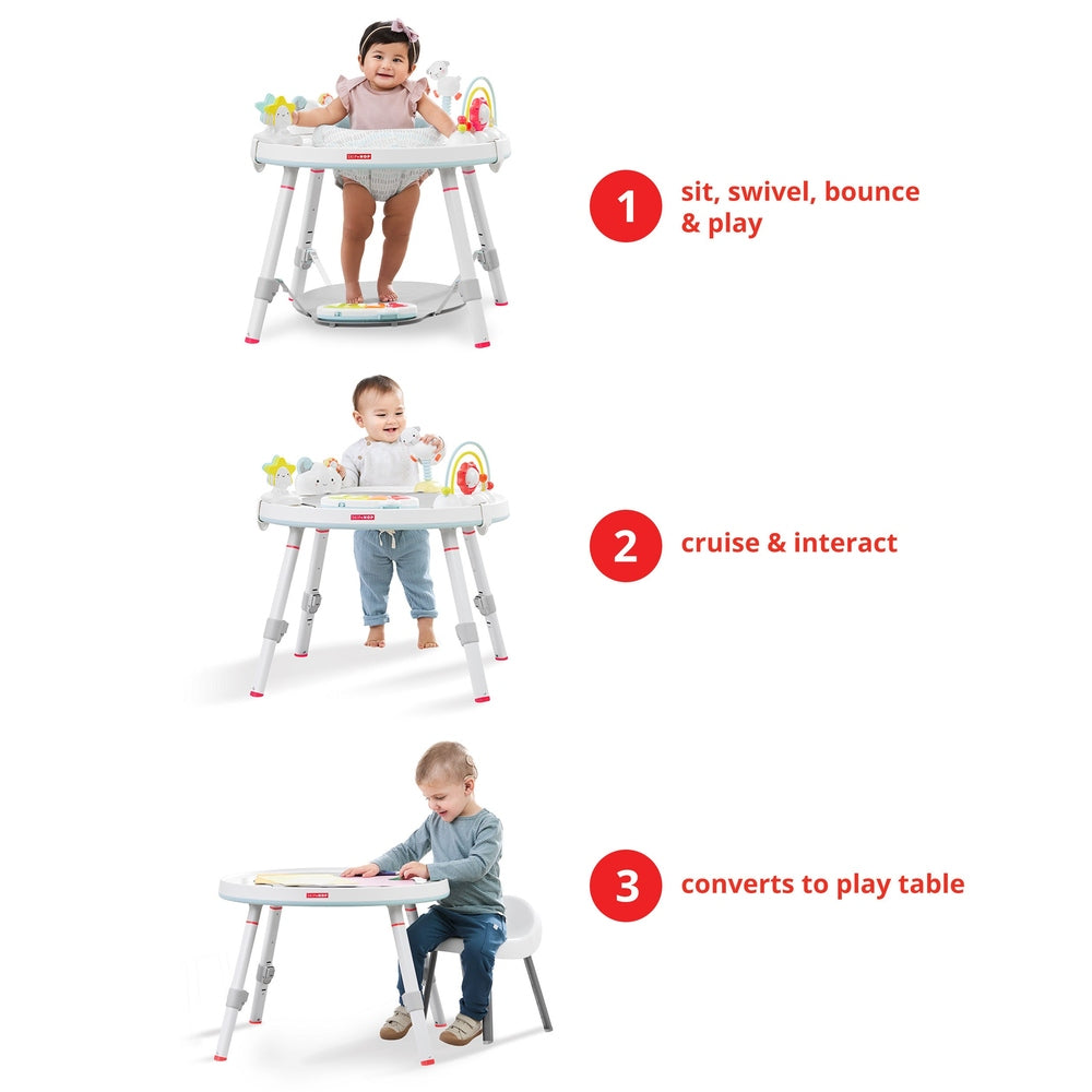 Skip Hop Silver Lining Cloud Baby's View Activity Center; white frame with colorful toys, converts to a play table.