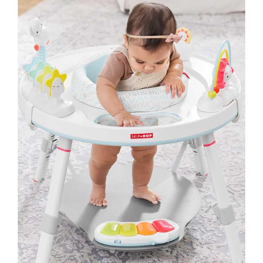 Skip Hop Silver Lining Cloud Baby's View Activity Center with rainbow piano mat and hanging toys