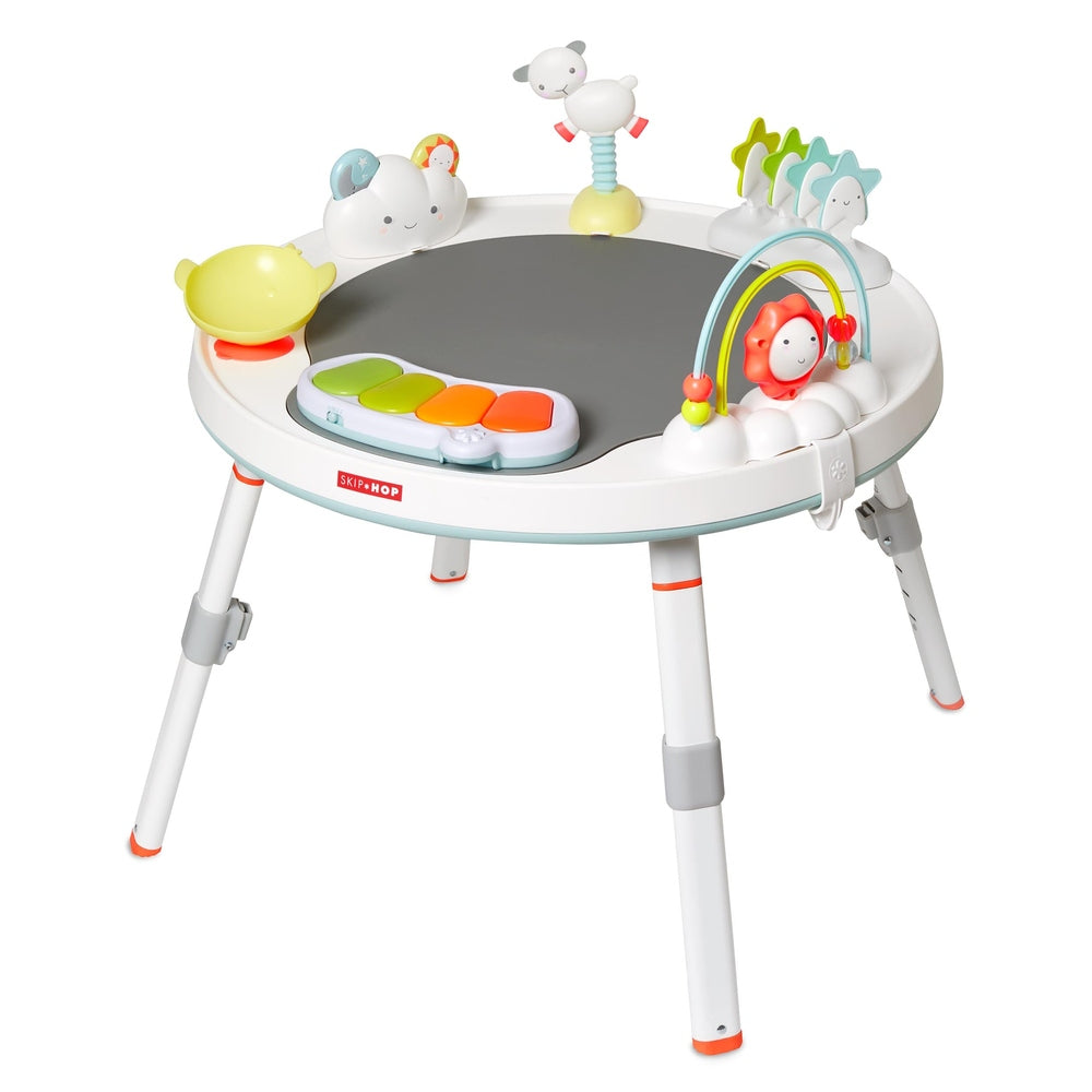Skip Hop Silver Lining Cloud Baby's View Activity Center with colorful keyboard pads and hanging toys