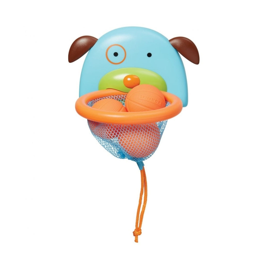 Skip Hop Zoo Bathtime Basketball blue animal head bath toy with orange hoop catching balls in mesh net.