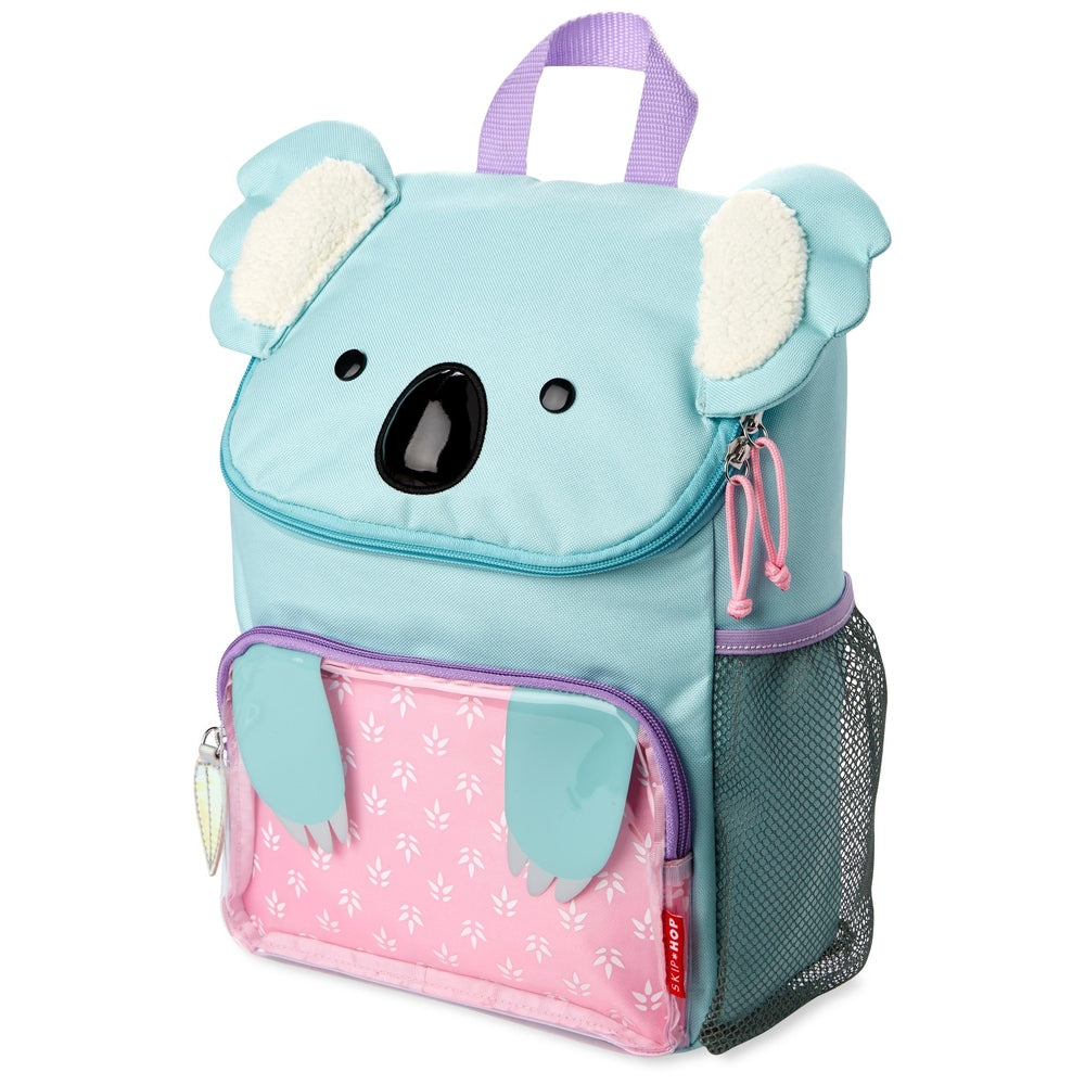 Skip Hop Zoo Koala backpack for kids; teal body with pink patterned front pocket, fluffy white ears, purple accents.