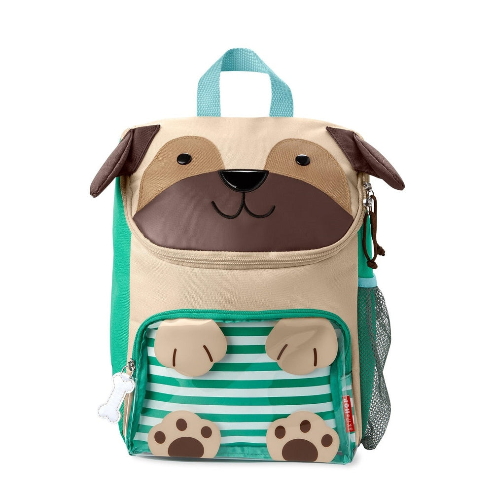 Skip Hop Zoo big kid backpack pug character with tan face, teal striped front pocket, paw prints