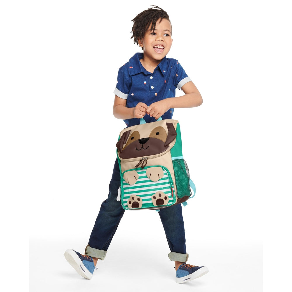 Skip Hop Zoo big kid backpack pug; teal and beige with paw-print pocket and teal mesh side pocket


