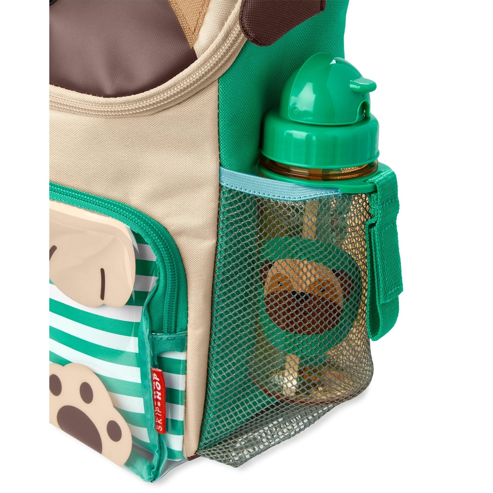 Skip Hop Zoo Big Kid Backpack Pug in teal and beige with mesh side pocket and green water bottle holder