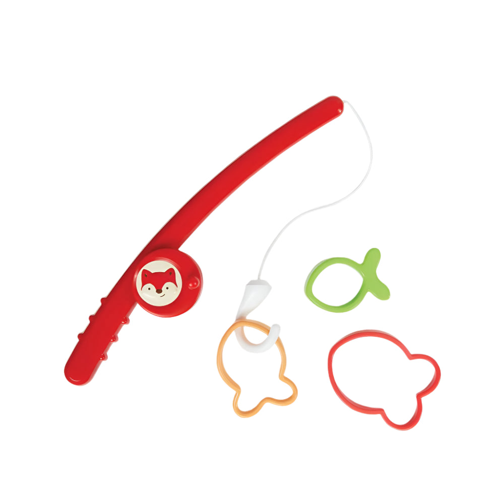 Skip Hop Zoo Fishin' Fox bath toy set with red fishing rod and green fish ring plus orange shapes