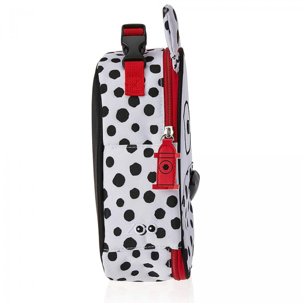 Skip Hop Zoo insulated lunch bag Dalmatian, white with black spots, red zipper and handle