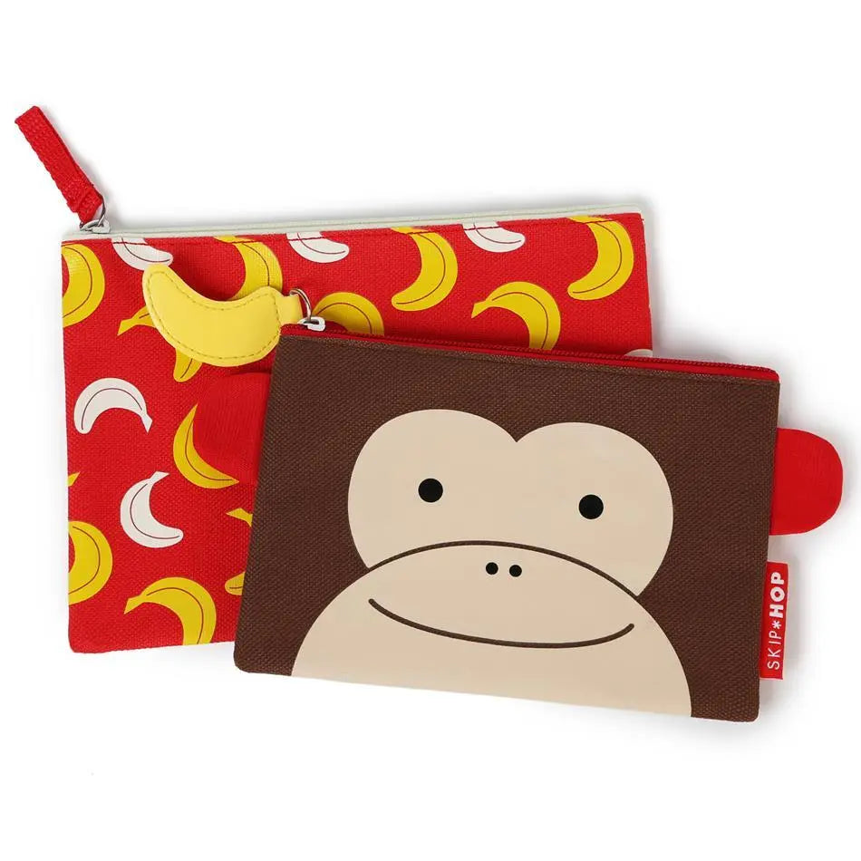 Skip Hop Zoo Kid Cases: brown monkey-face wallet and red banana-pattern pouch, playful kids' organizers for small essentials.