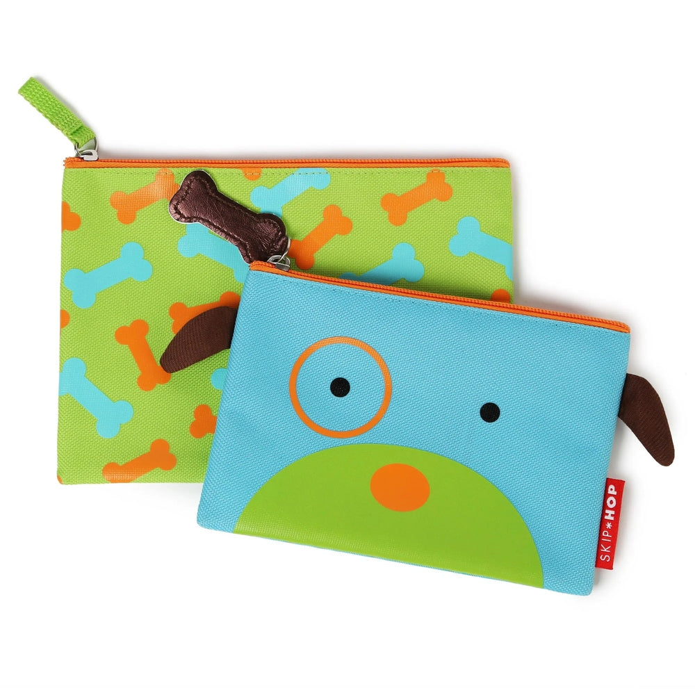 Skip Hop Zoo Kid Cases: lime bone-print pouch and blue dog-face pouch, with orange zippers and bone zipper pull.