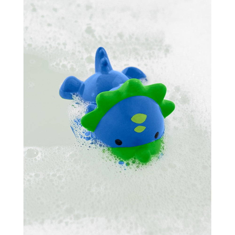 Skip Hop Zoo light-up bath toy dinosaur, blue body with green crest, lights up during bathtime