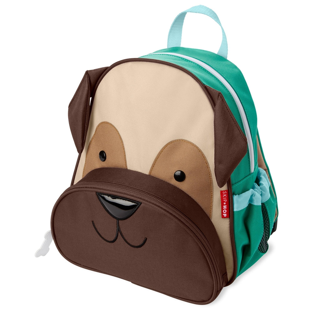 Skip Hop Zoo pug backpack for kids, beige face with brown ears and teal accents