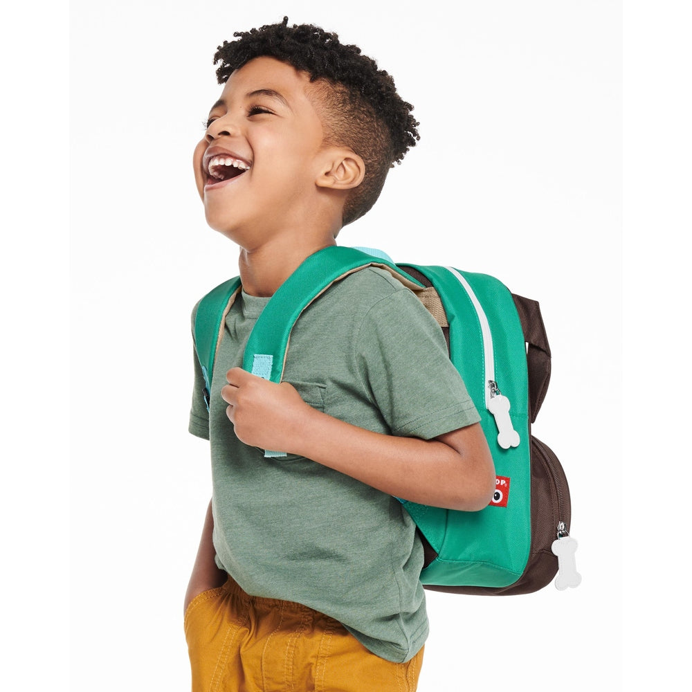 Skip Hop Zoo Little Kid Backpack Pug in teal with brown bottom and bone zipper charm