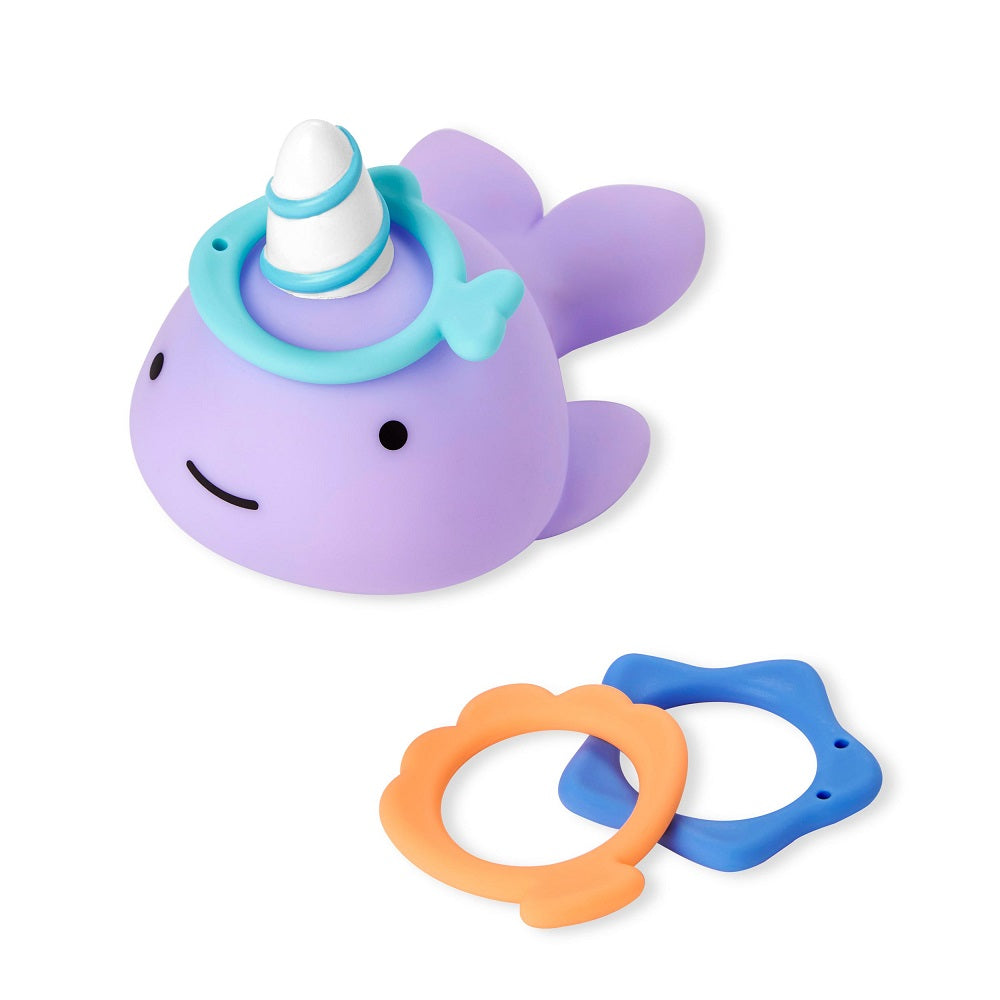 Skip Hop Zoo Narwhal Ring Toss bath toy; purple narwhal with blue and orange rings