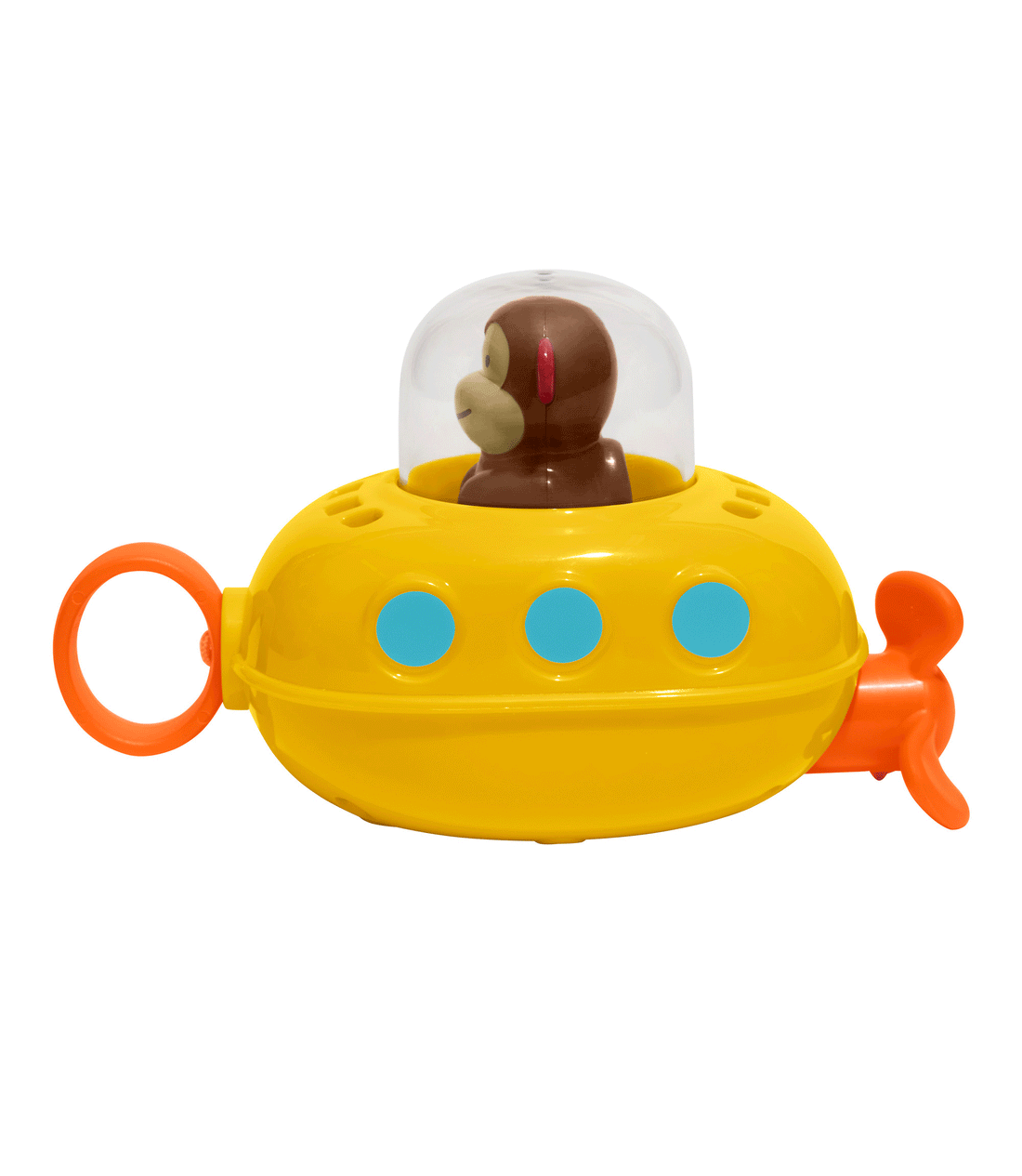 Skip Hop Zoo Pull & Go Submarine bath toy, yellow submarine with clear dome and blue portholes.