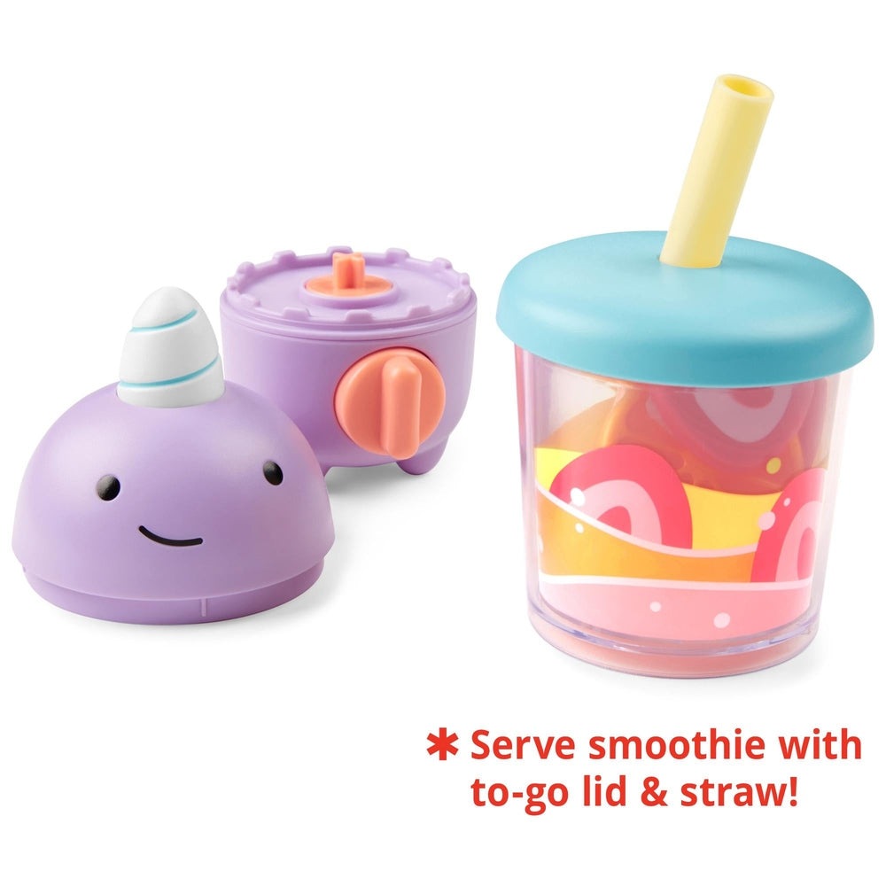 Skip Hop Zoo Shake It Up smoothie set; lavender unicorn bottle and pastel straw cup, 3-piece set.
