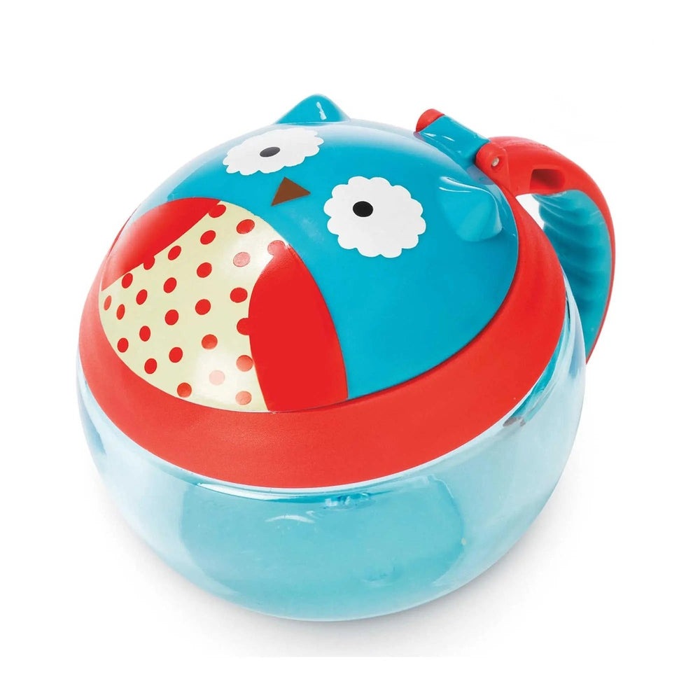 Skip Hop Zoo Snack Cup featuring a blue owl design, red lid, and a built-in carrying handle.
