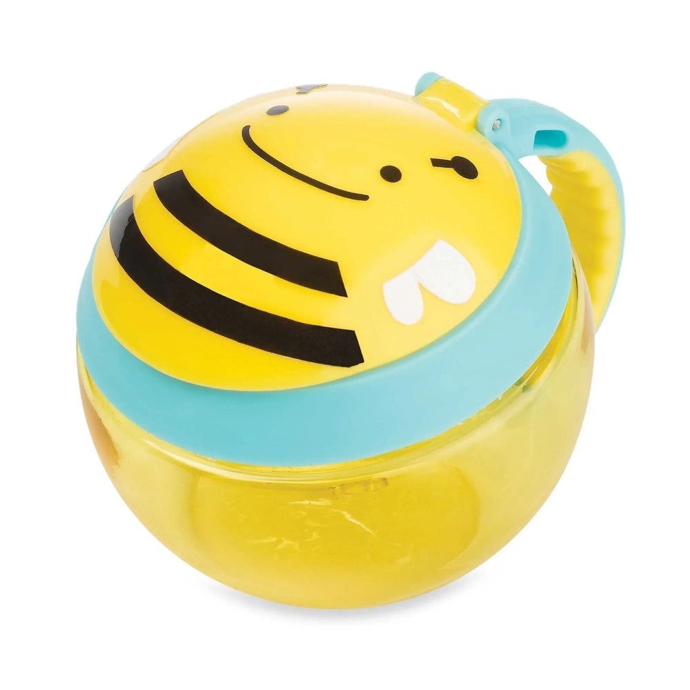 Skip Hop Zoo Snack Cup, yellow bee design with blue rim and easy-grip handle, ready for snack time.