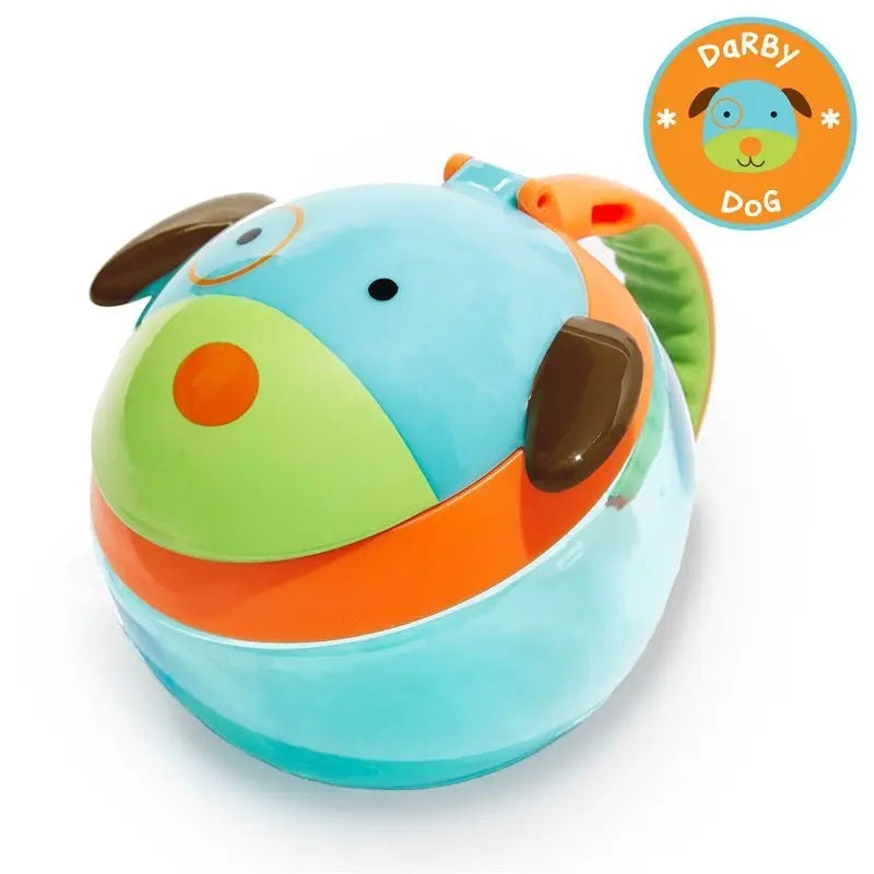 Skip Hop Zoo Snack Cup with teal dog design, orange band and side handles for tiny hands.