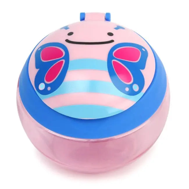 Skip Hop Zoo Snack Cup featuring pink and blue butterfly lid, a baby feeding essential for on-the-go snacks.