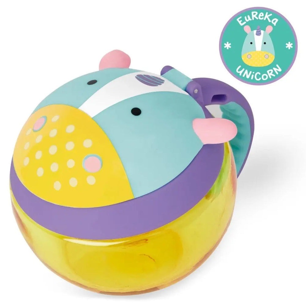 Skip Hop Zoo Snack Cup elephant-themed, teal/yellow/purple; handles on sides and removable lid.