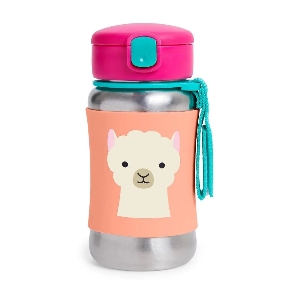 Skip Hop Zoo Stainless Steel Straw Bottle with pink cap, peach sleeve, slung by turquoise strap.
