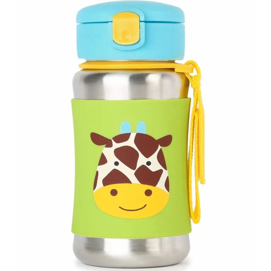 Skip Hop Zoo Stainless Steel Straw Bottle with blue lid, green giraffe sleeve, and yellow strap.