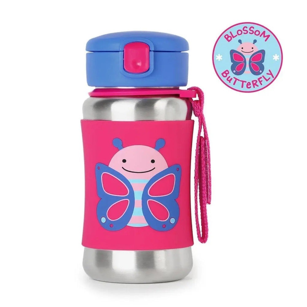 Skip Hop Zoo Stainless Steel Straw Bottle in pink with blue lid, butterfly graphic, and pink strap hanging.