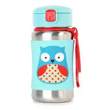 Skip Hop Zoo Stainless Steel Straw Bottle with blue owl label, red cap, and attached strap for easy carry.