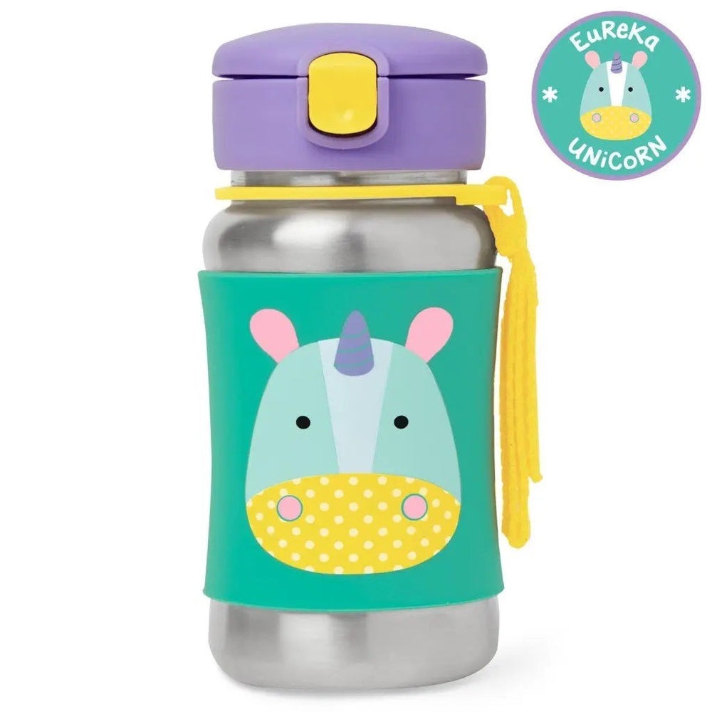 Skip Hop Zoo Stainless Steel Straw Bottle with teal unicorn sleeve and purple cap; yellow strap hangs at side.