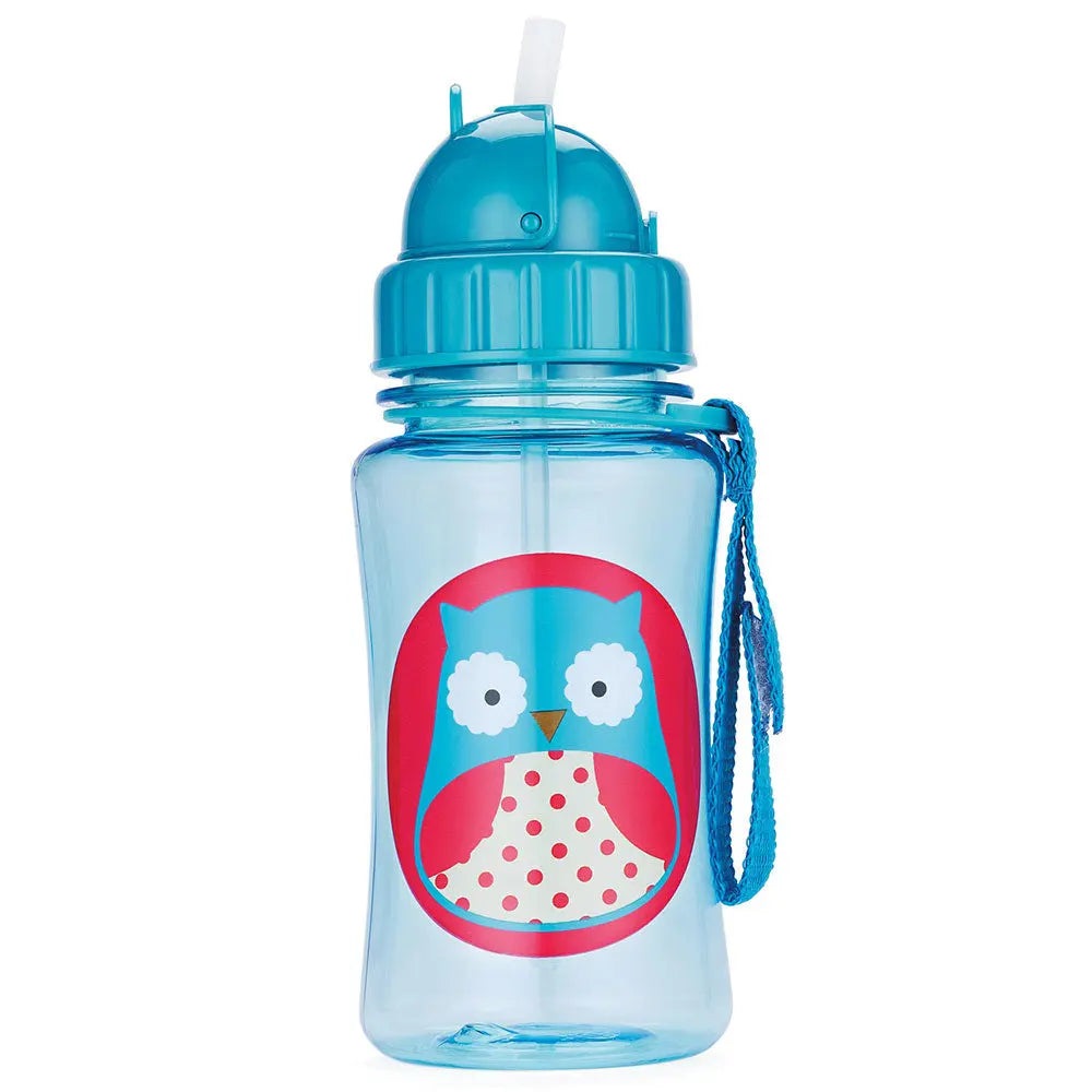 Skip Hop Zoo Straw Bottle, blue with owl graphic; built-in straw visible at top and matching strap hanging.
