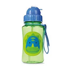 Skip Hop Zoo Straw Bottle, green bottle with blue lid and carry strap, zoo animal logo visible.