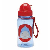 Skip Hop Zoo Straw Bottle, blue bottle with red lid and strap, featuring a whale graphic and built-in straw