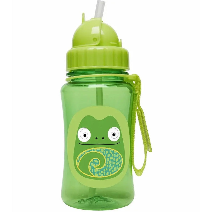 Skip Hop Zoo Straw Bottle in green frog design; straw extends for sipping and carries with a matching strap.