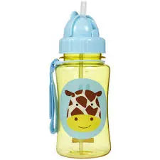 Skip Hop Zoo Straw Bottle for kids with blue lid and yellow bottle; strap attached, giraffe graphic.