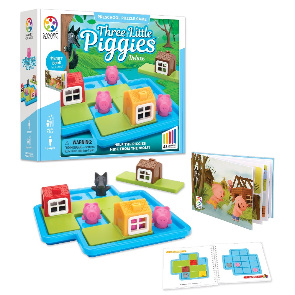 Smart Games Three Little Piggies Deluxe puzzle game; blue board with colorful pig houses and tiny pig figures