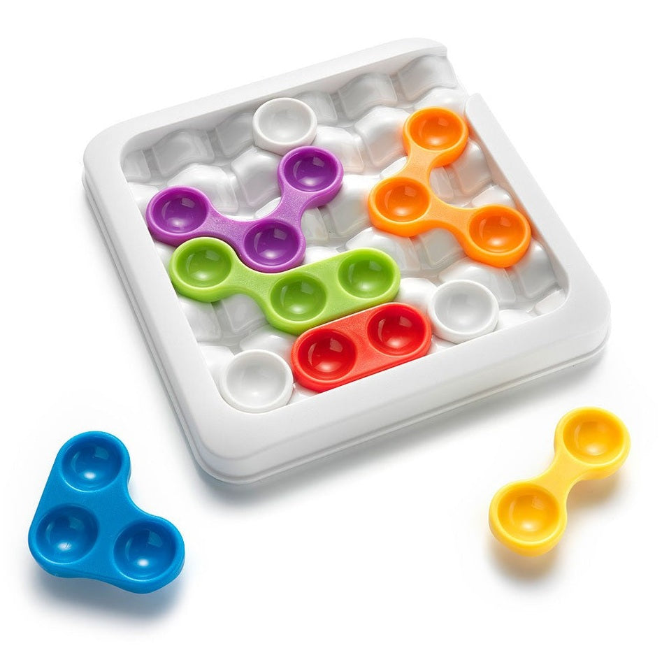 Smart Games Anti-Virus Mutation puzzle with six colorful fidget pieces on a white tray