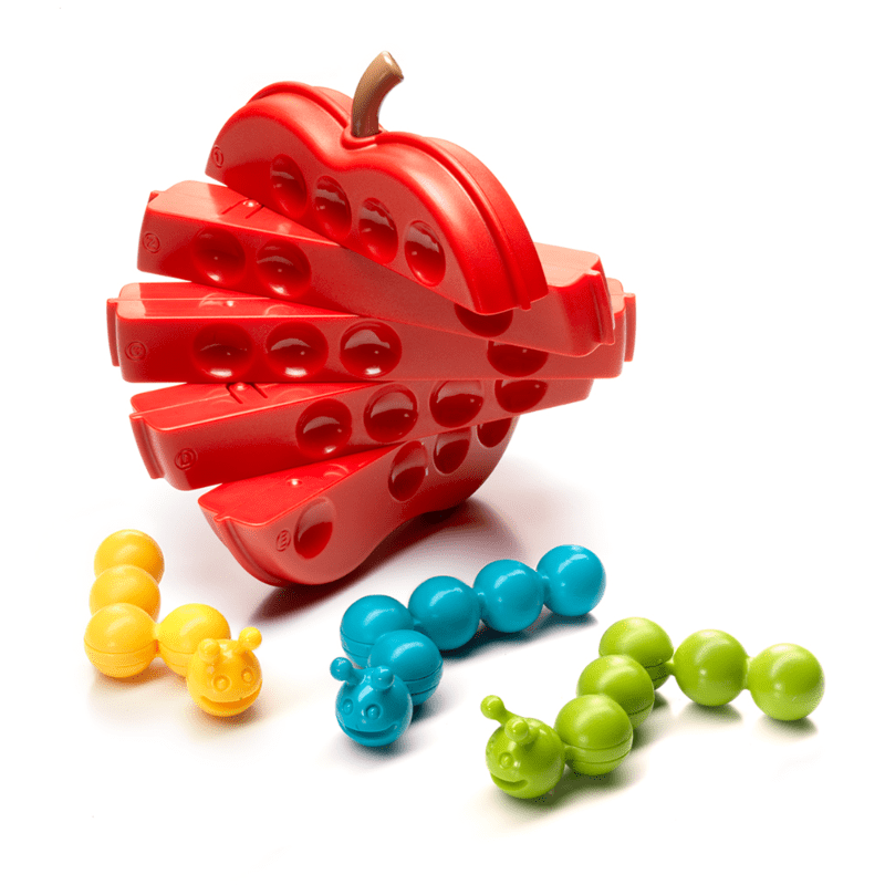 Apple Twist puzzle by SMART GAMES: red apple frame with yellow, blue, and green interlocking pieces