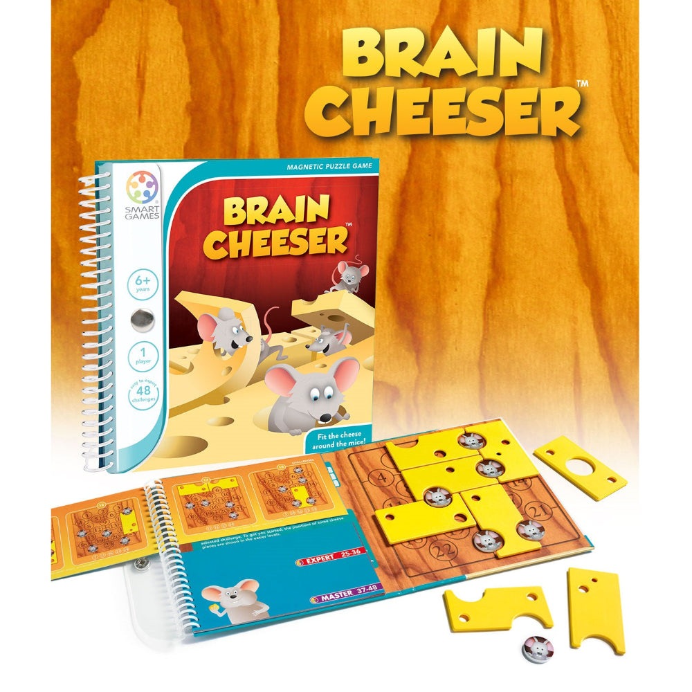 Brain Cheeser by Smart Games; educational puzzle game with yellow cheese pieces and spiral-bound booklet
