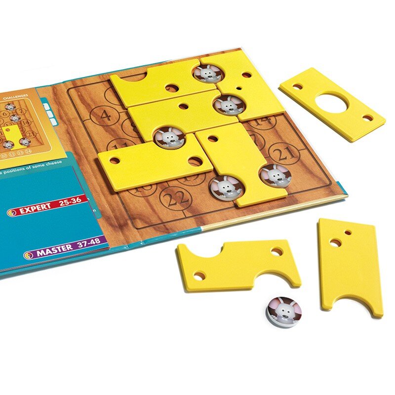SmartGames Brain Cheeser yellow interlocking puzzle tiles and mouse tokens on wooden game board