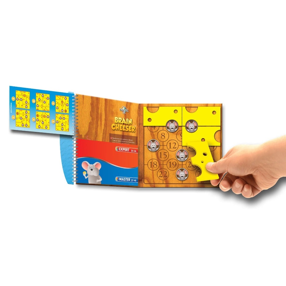 Smart Games Brain Cheeser puzzle book with yellow cheese pieces, numbered board, and mouse icons