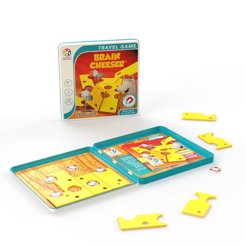 Brain Cheeser travel game by Smart Games in teal tin with yellow cheese tiles and mouse tokens