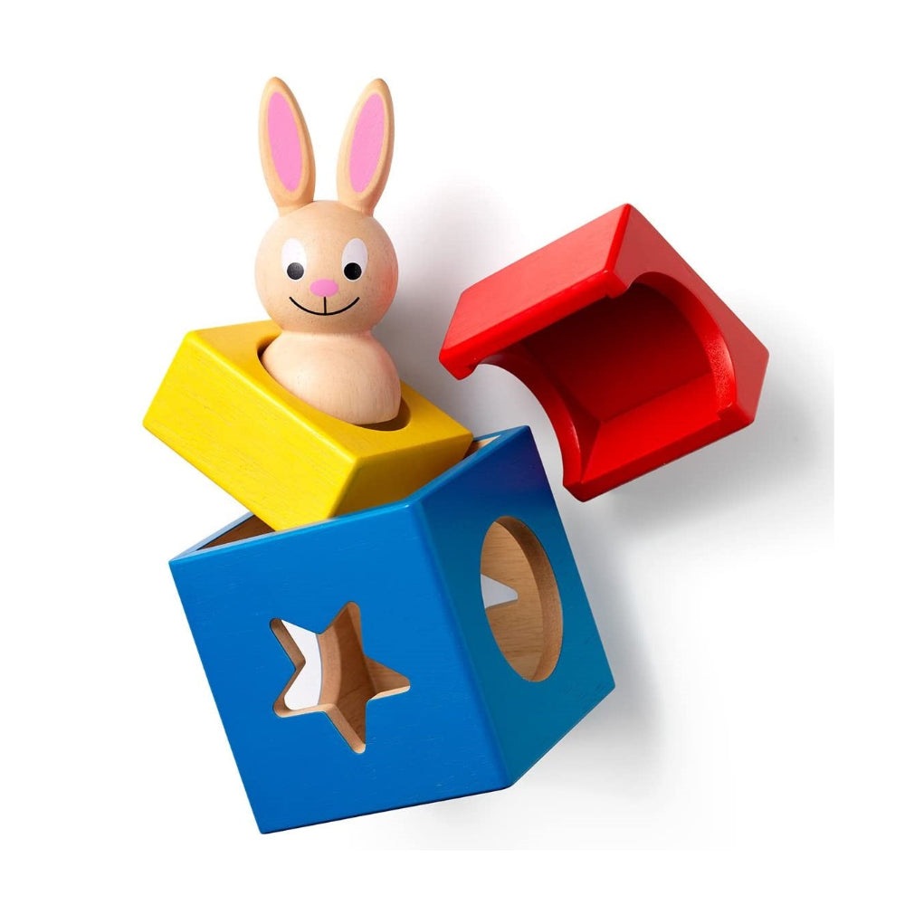 Smart Games Bunny Boo wooden toy with colorful blue, yellow and red stackable blocks and bunny figure.