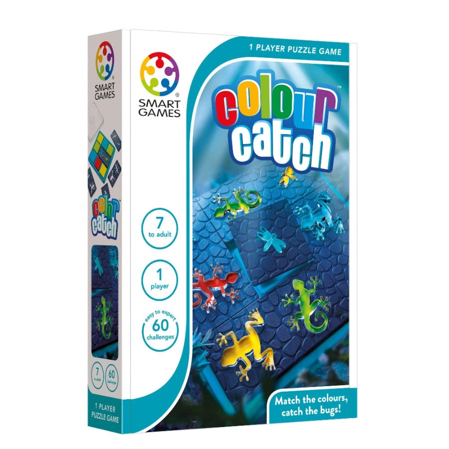 Smart Games Color Catch puzzle game box; blue packaging with colorful frog pieces, 1 player