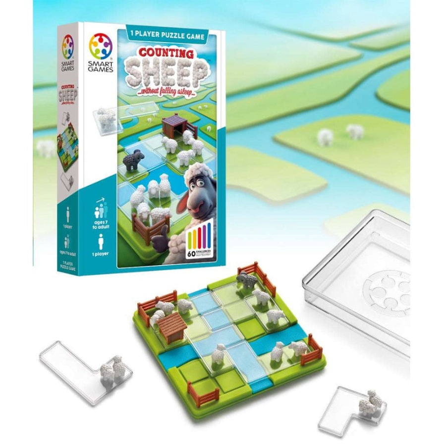 Counting Sheep puzzle game by Smart Games on a green-blue board with sheep tiles and fences, 60 challenges