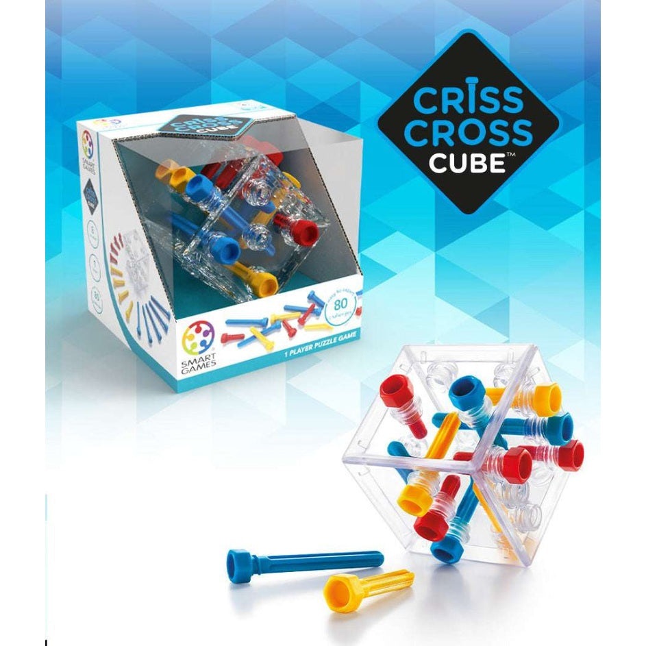 Smart Games Criss Cross Cube puzzle; clear cube with multicolor pegs, boxed educational toy set.