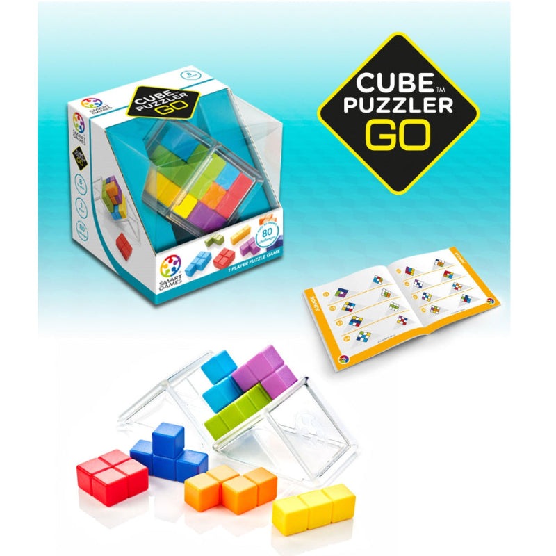 Smart Games Cube Puzzler Go puzzle set with colorful plastic cubes and instruction booklet