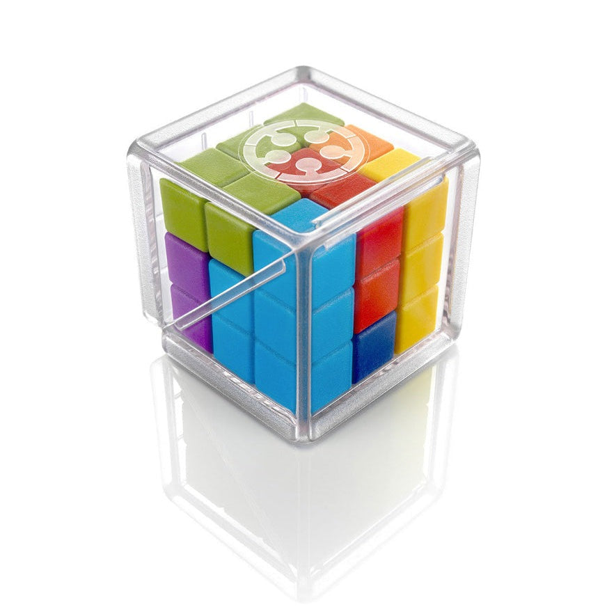 Smart Games Cube Puzzler Go puzzle cube with colorful interlocking blocks in a clear plastic case